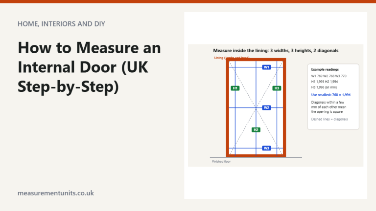 Door lining diagram showing three width, three height and two diagonal measurements for an internal door opening