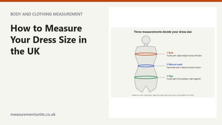 Diagram of a female figure showing where to measure bust, natural waist and hips for a UK dress size