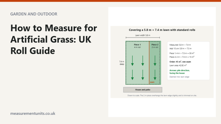 Plan of a 5.8 m by 7.4 m lawn covered by a 4 m and a 2 m wide piece of artificial grass, with one seam and pile arrows facing the house
