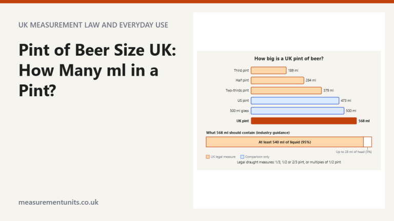 Bar chart of UK draught beer measures in ml compared with a US pint and a 500 ml glass, plus a bar showing a pint as 95% liquid and 5% head
