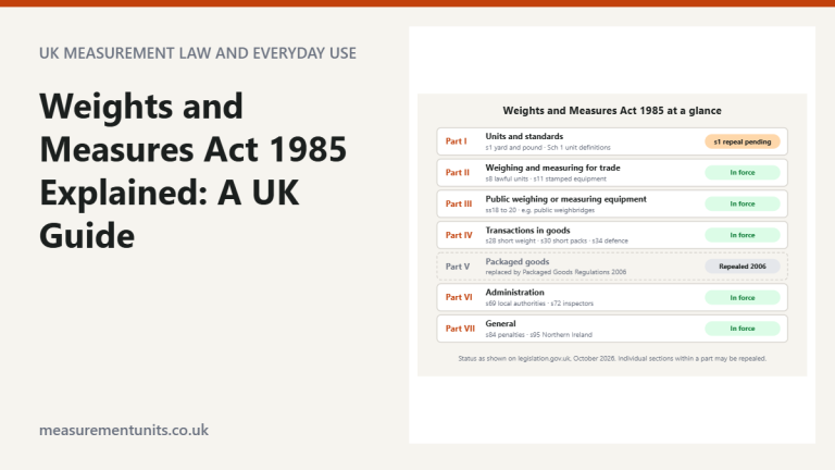 Diagram of the seven parts of the Weights and Measures Act 1985 with key sections and whether each part is in force, repealed or due to change