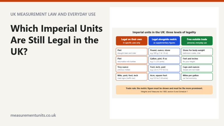 Three-column diagram of imperial units legal on their own, legal alongside metric, and free to use outside trade in the UK