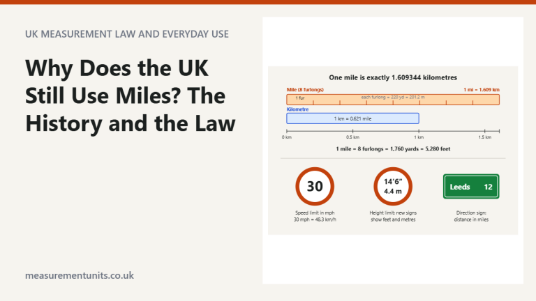 Scale bar comparing one mile with one kilometre, plus UK road signs showing a 30 mph limit, a 14 ft 6 in / 4.4 m height limit and a distance in miles
